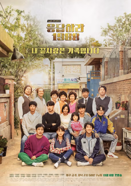 Promotional poster for Reply 1988, showing a large multigenerational family posed together in a narrow neighbourhood alley