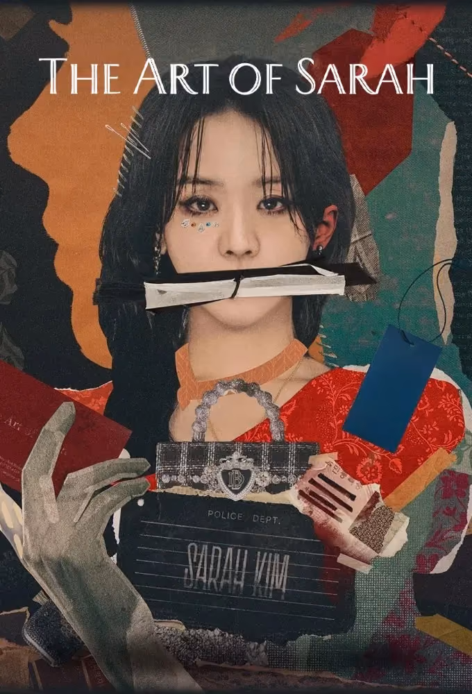 Collage-style promotional poster for The Art of Sarah, showing a woman's face partly obscured by a folded document, with a luxury handbag tagged like police evidence