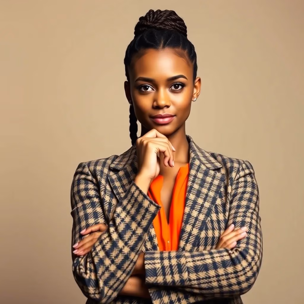 A woman with an updo of braids stands with arms folded, chin resting on one hand, wearing a houndstooth blazer over an orange top, looking levelly at the camera.