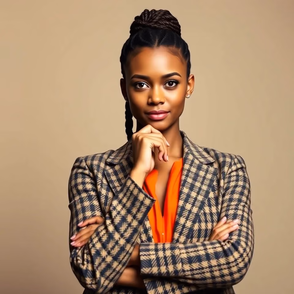 A woman with an updo of braids stands with arms folded, chin resting on one hand, wearing a houndstooth blazer over an orange top, looking levelly at the camera.