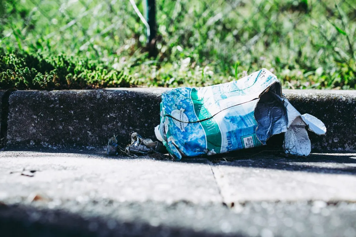 Bad manner: a crushed carton lies discarded on the ground, a public bin
visible just a few steps away.