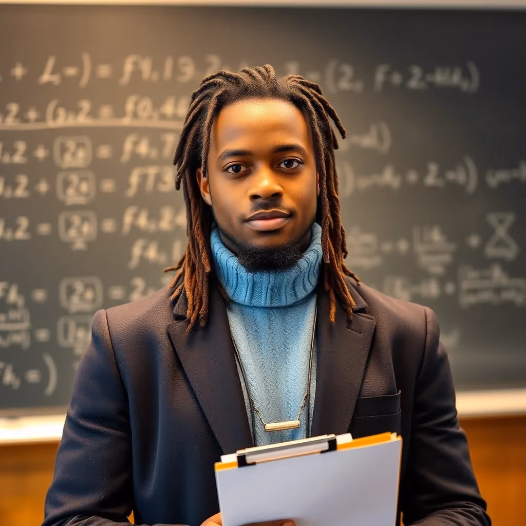 A man with dreadlocks, in a dark blazer over a light blue sweater, holds a clipboard and looks directly at the camera in front of a chalkboard covered in geometry formulas.