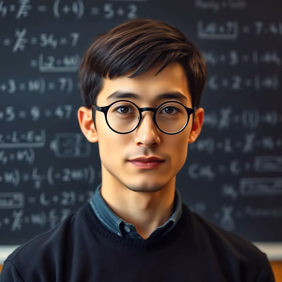 A man with short dark hair and round glasses stands in front of a chalkboard covered in geometry formulas, looking directly at the camera.