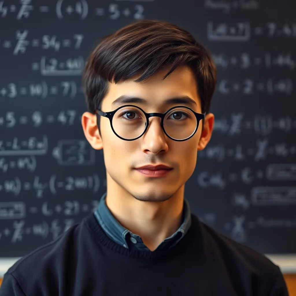 A man with short dark hair and round glasses stands in front of a chalkboard covered in geometry formulas, looking directly at the camera.