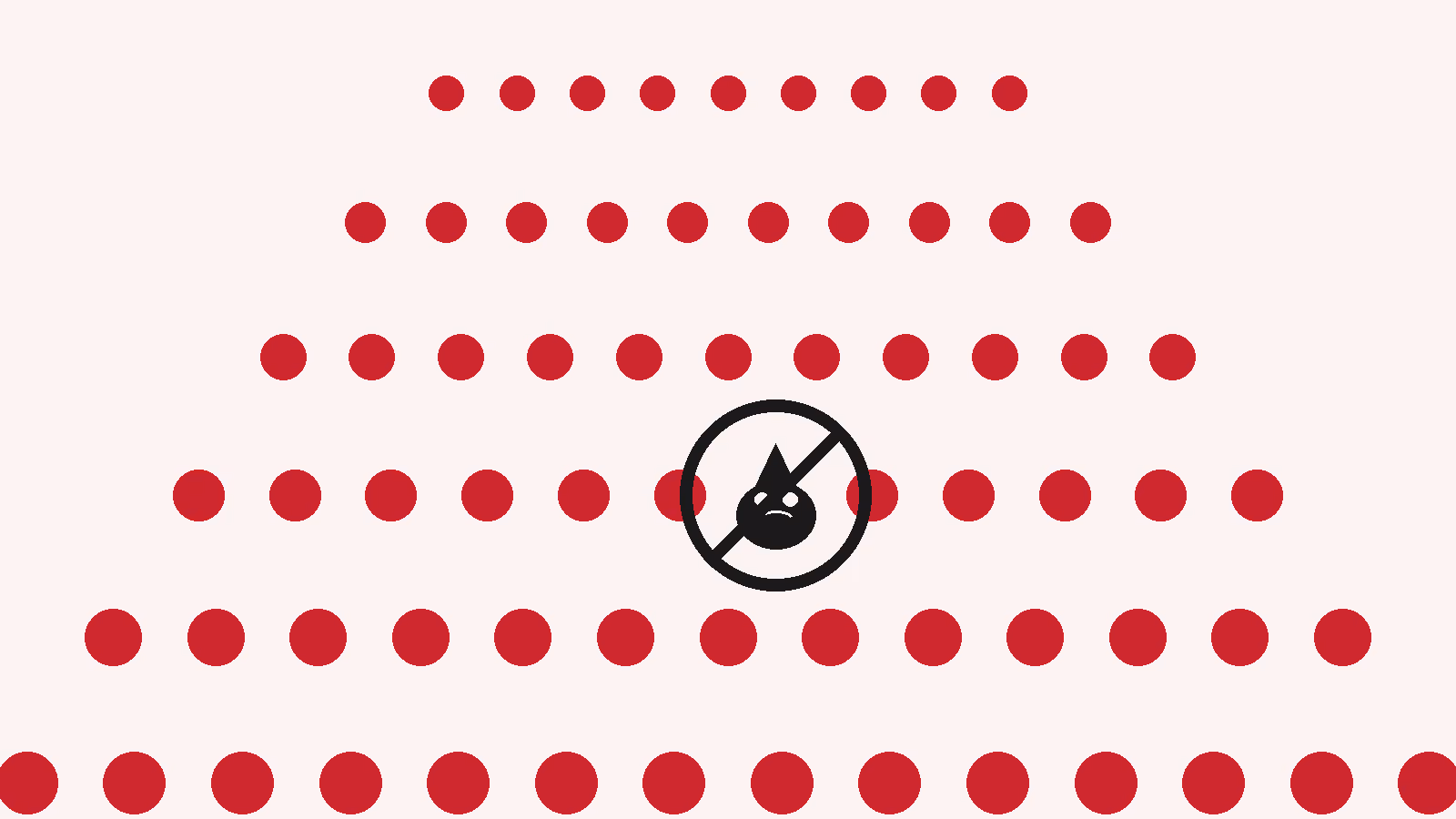 A raked lecture theatre drawn as flat blue dots, one seat singled out in black by a sneeze-burst icon inside a prohibited-sign ring