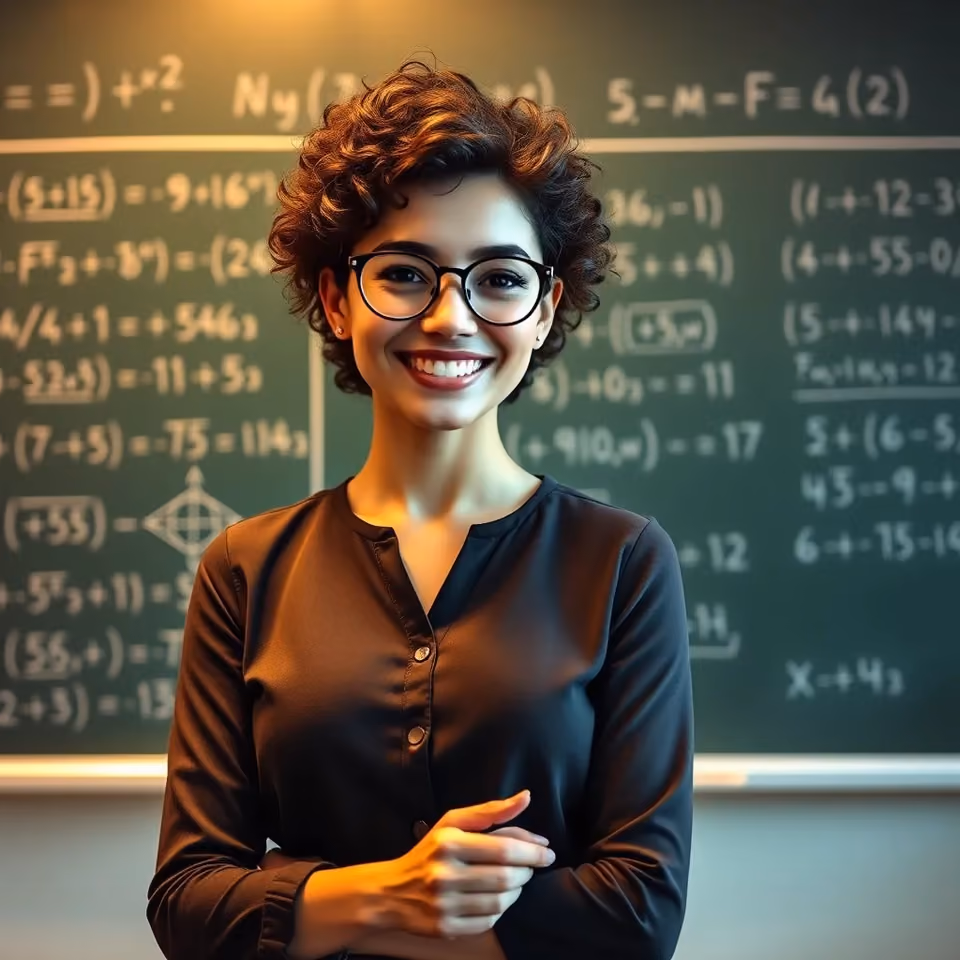 A smiling woman with short curly hair and round glasses stands in front of a chalkboard covered in geometry formulas, hands clasped in front of her.