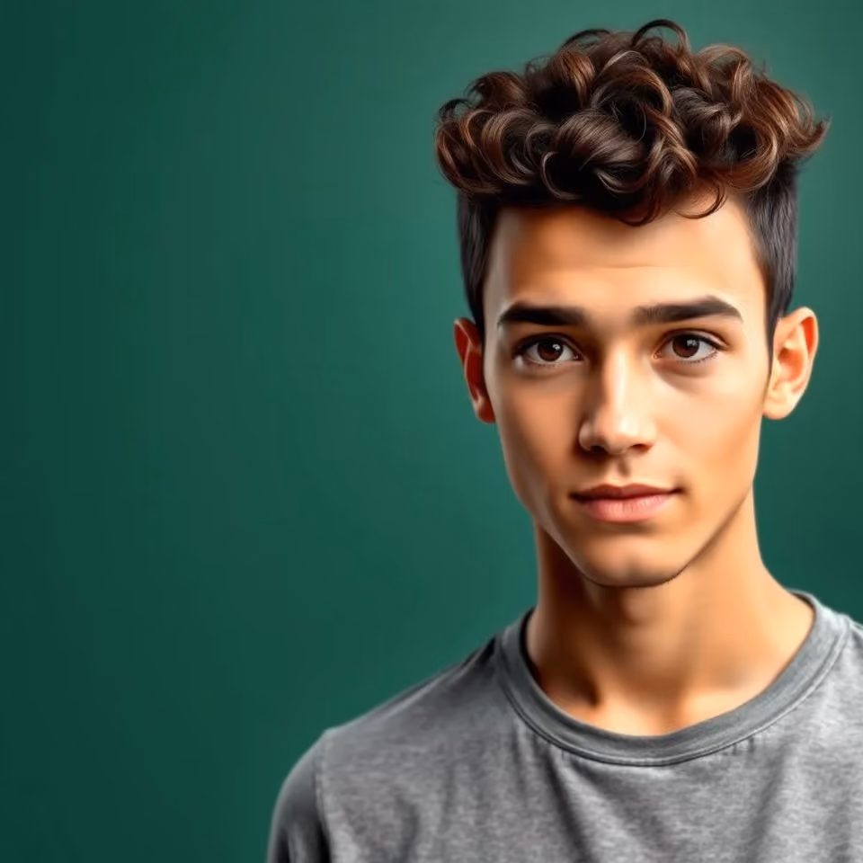 A young man with curly hair in a grey shirt looks at the camera against a plain dark green backdrop.