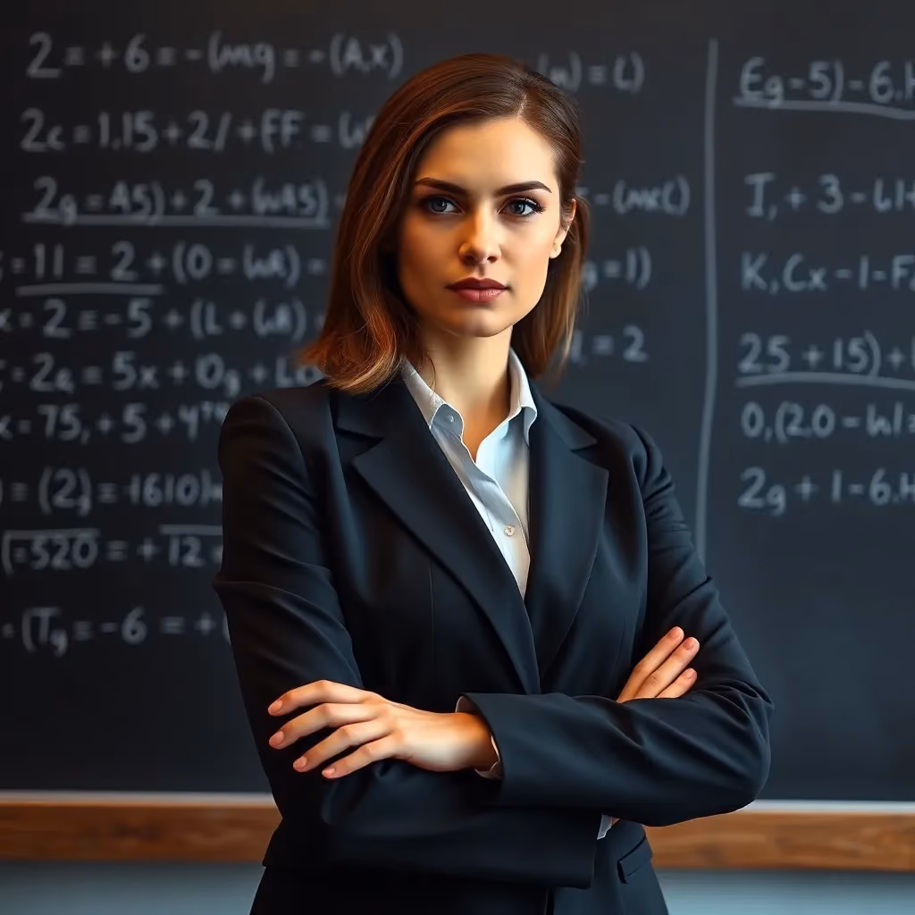 A woman in a dark blazer stands with arms folded in front of a blackboard covered in equations, a serious, appraising expression on her face.