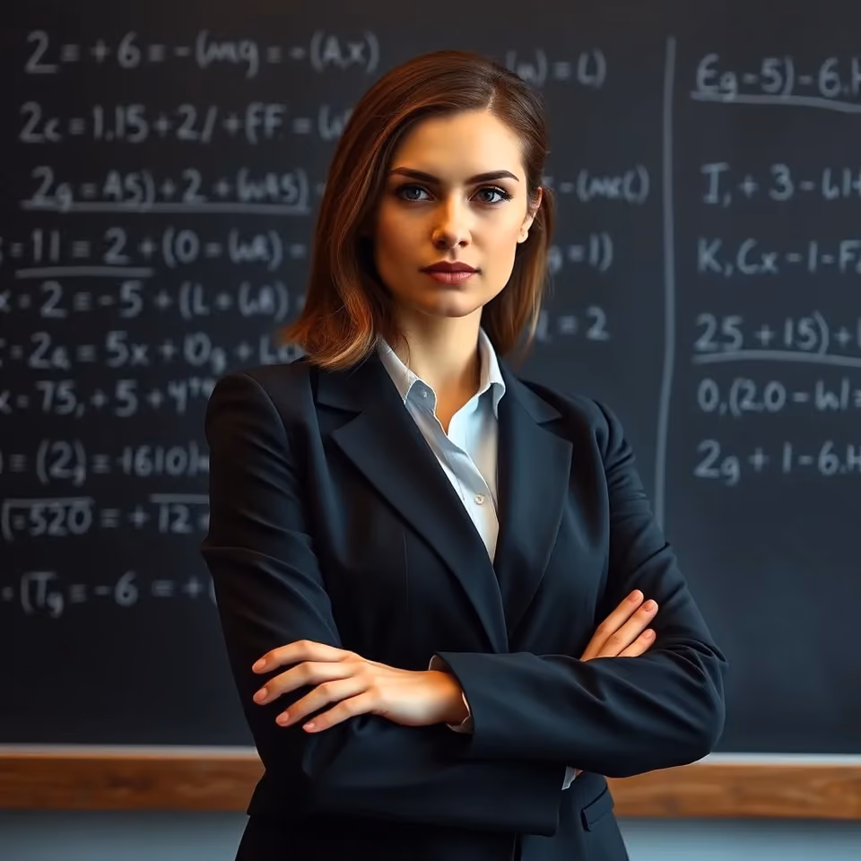 A woman in a dark blazer stands with arms folded in front of a blackboard covered in equations, a serious, appraising expression on her face.