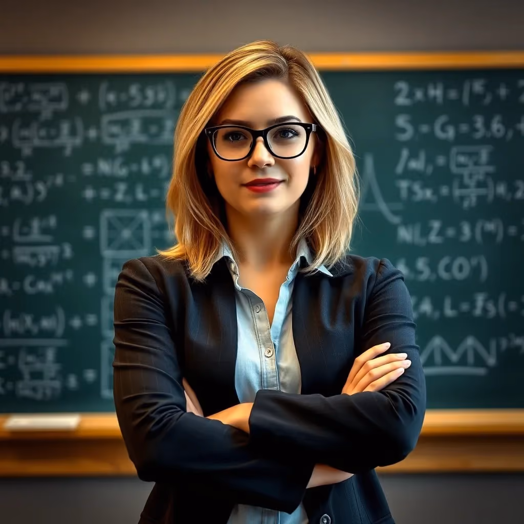 A woman with shoulder-length blonde hair and dark-framed glasses stands with arms crossed in front of a chalkboard covered in mathematical formulas, looking directly at the camera.