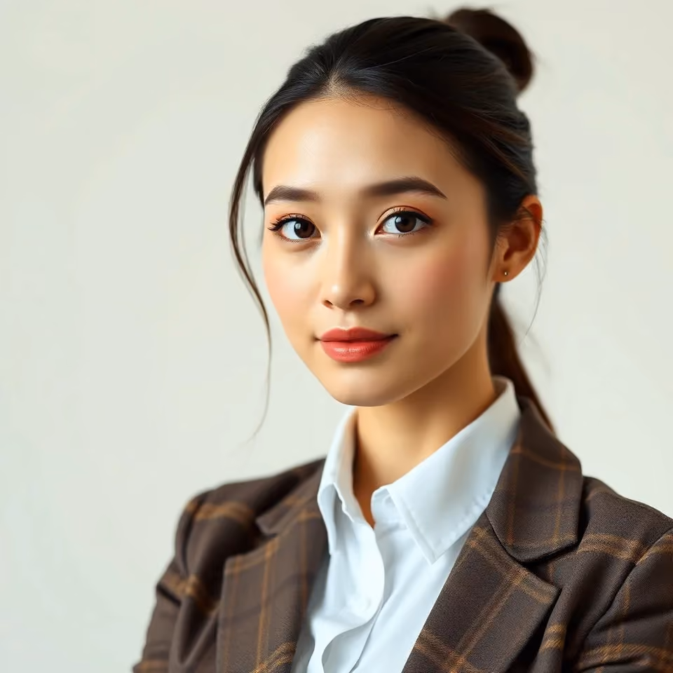 A woman with her hair pulled back wears a plaid blazer over a white collared shirt, looking directly at the camera against a plain light background.
