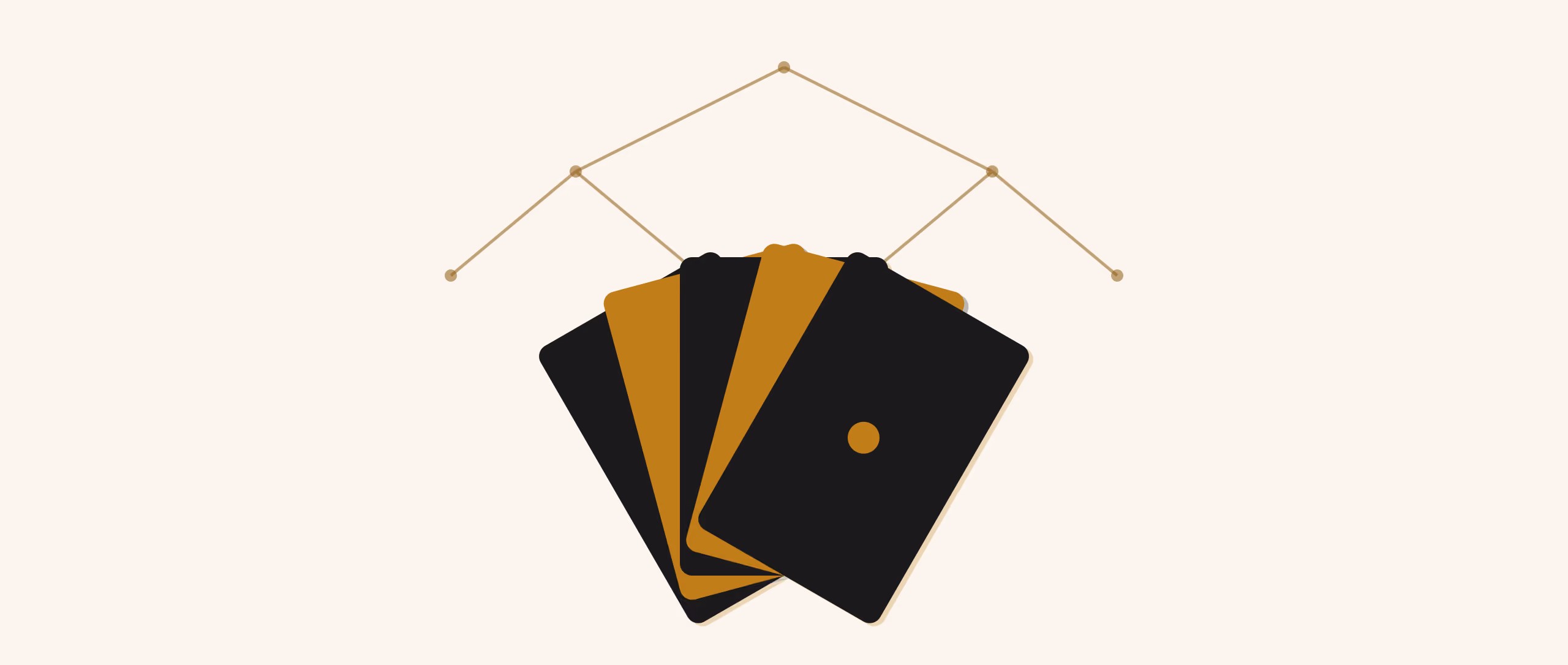 A fanned hand of playing cards, reduced to flat gold and black shapes, framed by a spare branching decision tree above them, in a two-ink risograph print