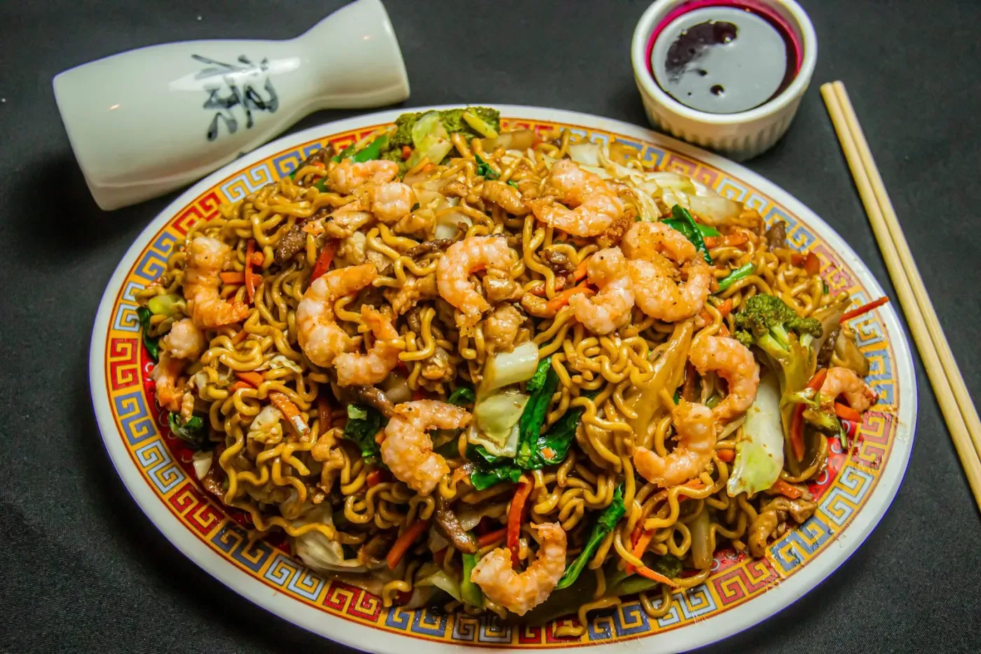 Close-up of browned, fried Chinese noodles
