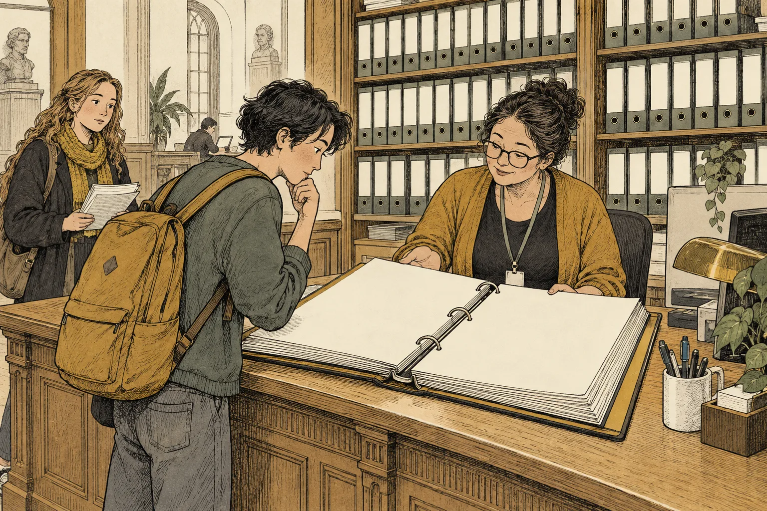 A student and a university clerk examine a huge binder of blank pages. Shelves behind the counter are full of reference manuals; another student waits with forms.