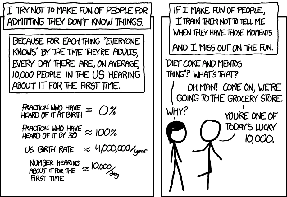A comic rejects mocking people for not knowing something. Its rough arithmetic imagines ten thousand people learning a supposedly universal fact each day. Someone who has never heard of the Diet Coke and Mentos experiment gets invited to try it.
