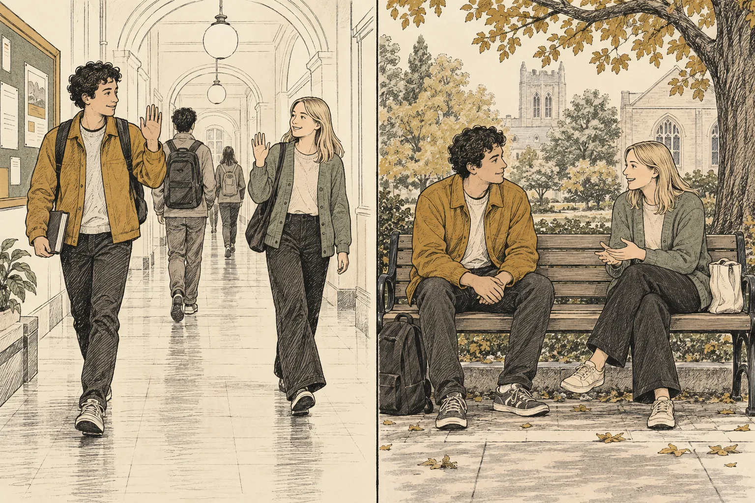 Two panels show the same students: exchanging a wave while walking through a corridor, then sitting together on a bench with time to talk.
