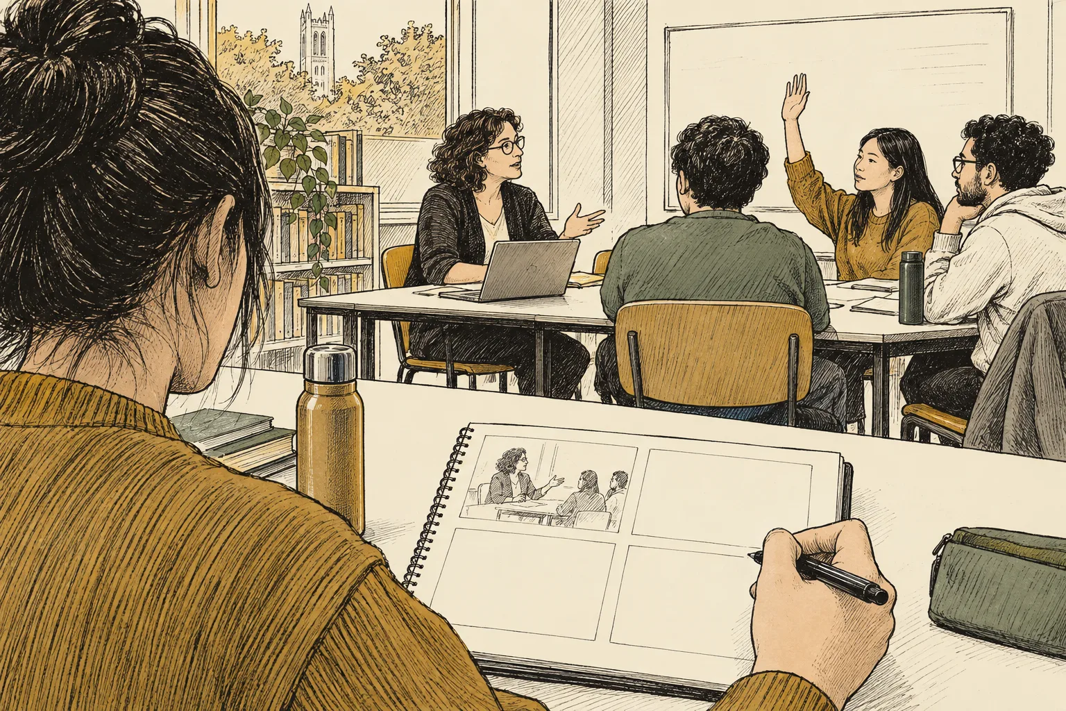 A student sketches a tutor addressing a group in the first of four notebook boxes. The pen waits over an empty box; the tutorial continues in the background.