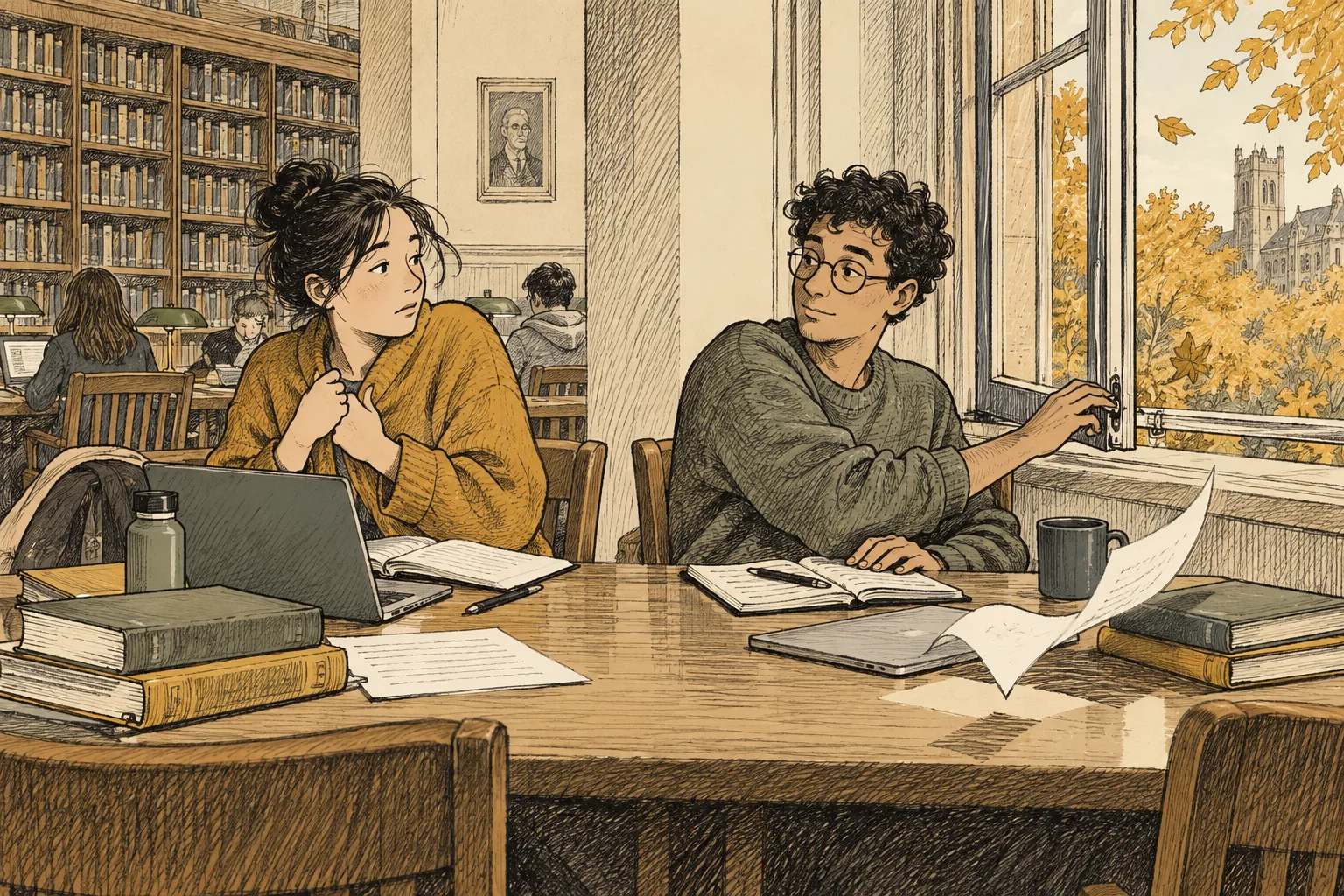 At a library table beside an open window, one student pulls their cardigan closer. The other turns towards them, with a hand near the window latch.