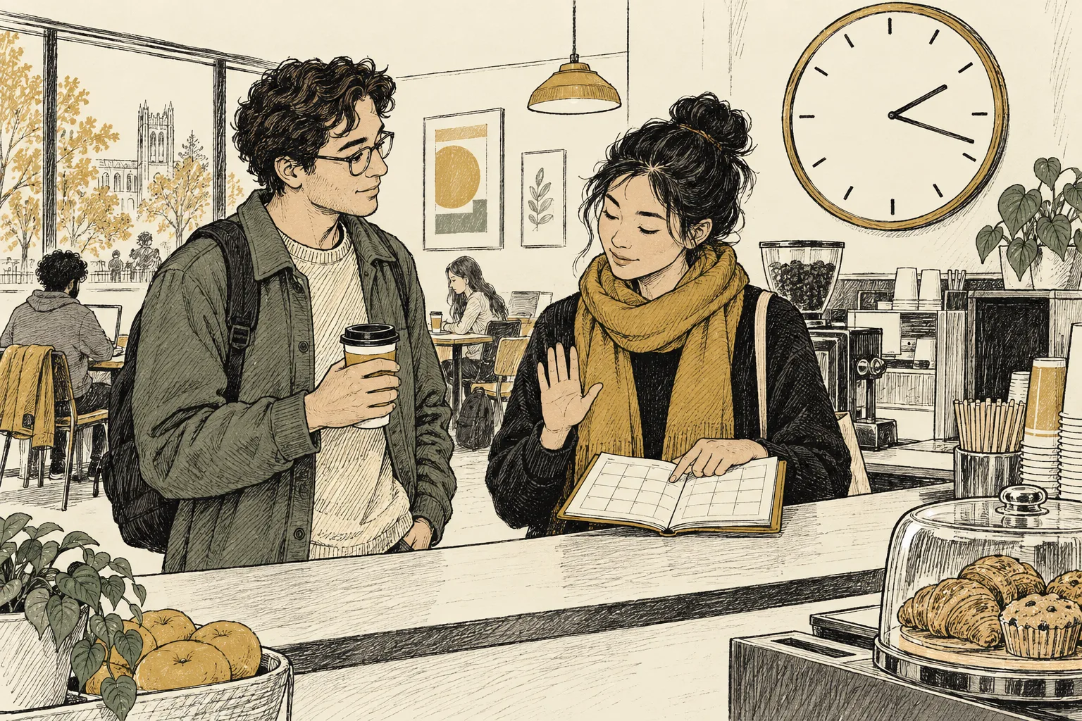 One friend checks a diary and raises a hand to signal a moment while the other waits with a coffee. A large clock hangs behind them.