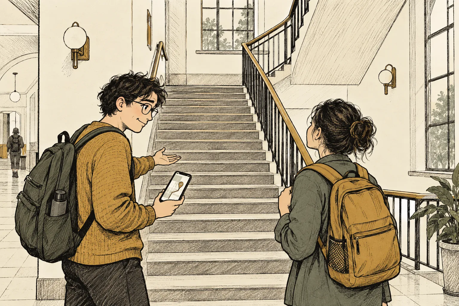 Two classmates stand at a university stairwell. One holds a phone and gestures towards the stairs; the other looks at the route they now need to take.