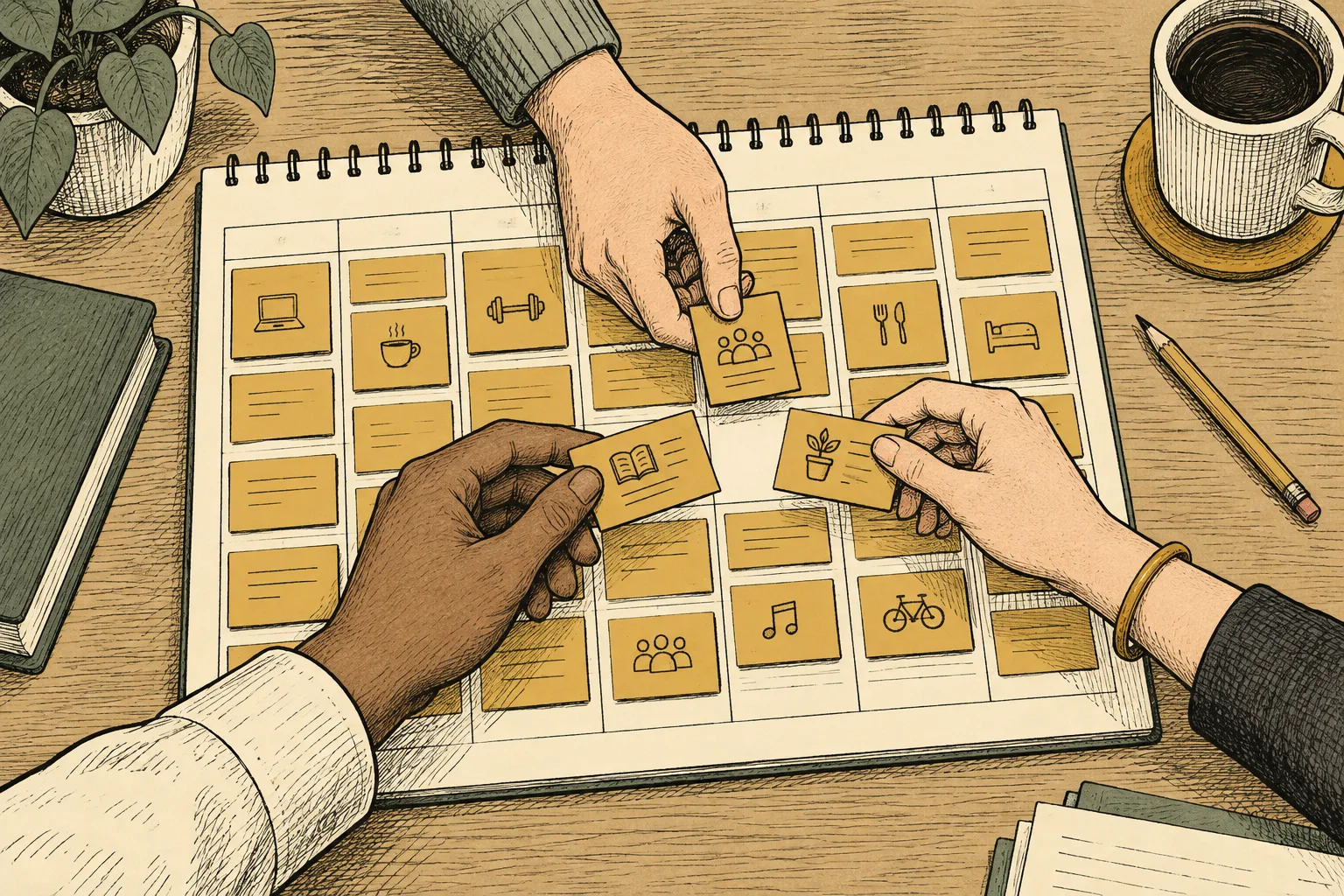 Three hands try to put small appointment cards into the same remaining space on an already crowded paper planner.