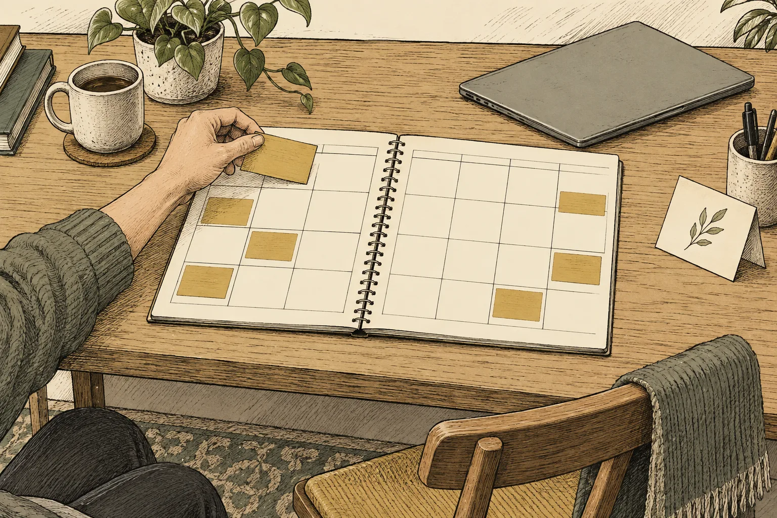 A hand removes an appointment card from a planner, leaving empty space. A closed laptop has been pushed aside.