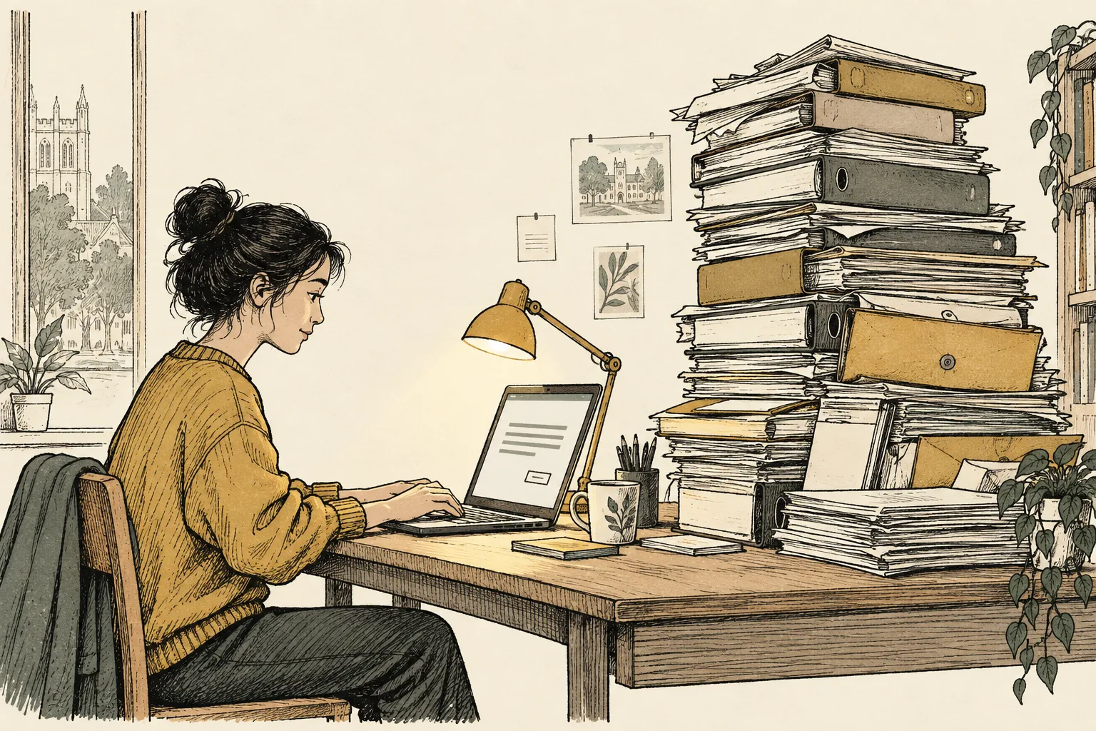 A student drafts a short email on a laptop beside a towering stack of university binders, forms and envelopes.