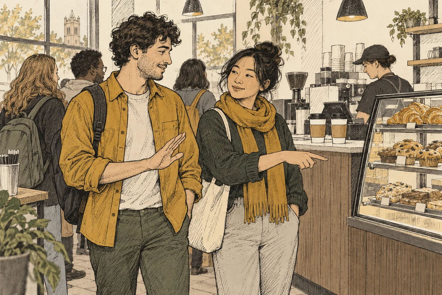 Two friends in a café queue: one makes a small open-palm gesture, and the other turns the conversation towards the pastry display. Both remain relaxed.