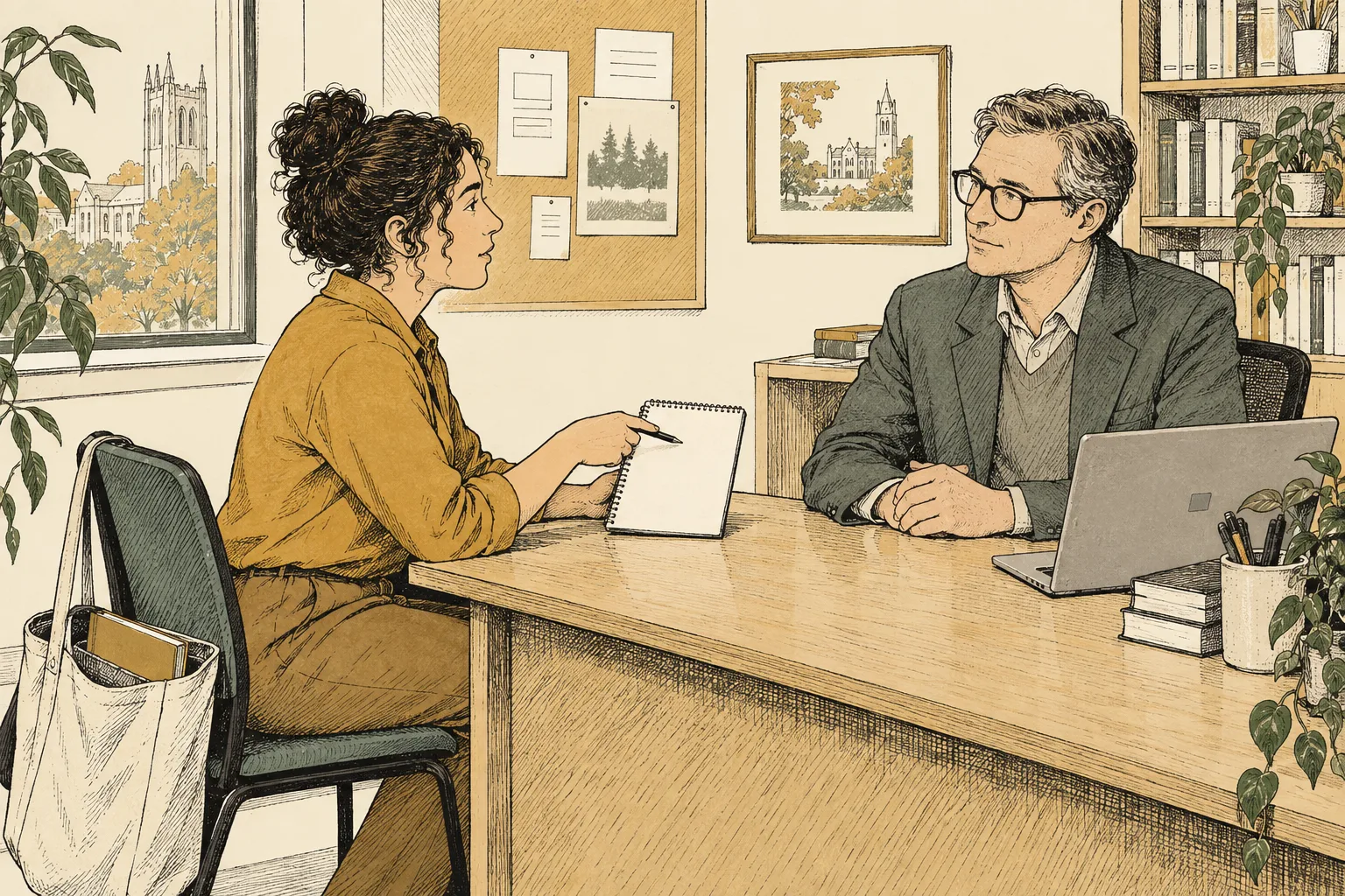 Rae indicates a notepad while a supervisor listens across a table. A personal folder stays closed inside Rae’s tote beside the chair.