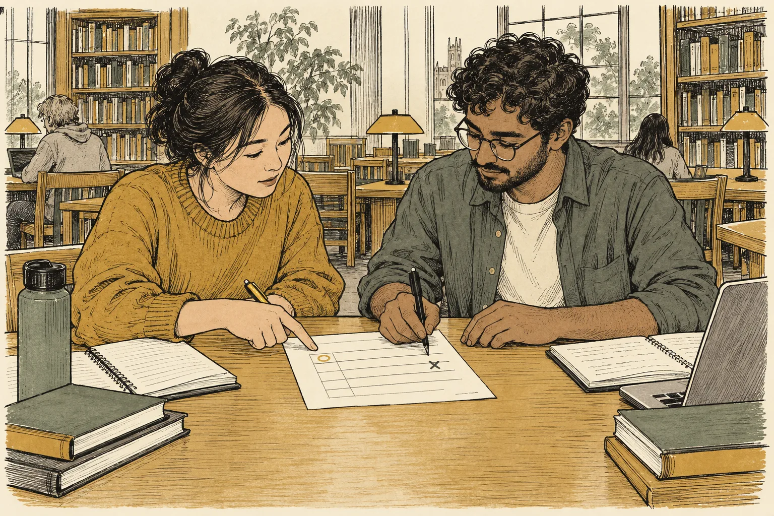Two students, each holding a pen, make changes to one shared sheet. Their separate notebooks remain on their respective sides of the table.