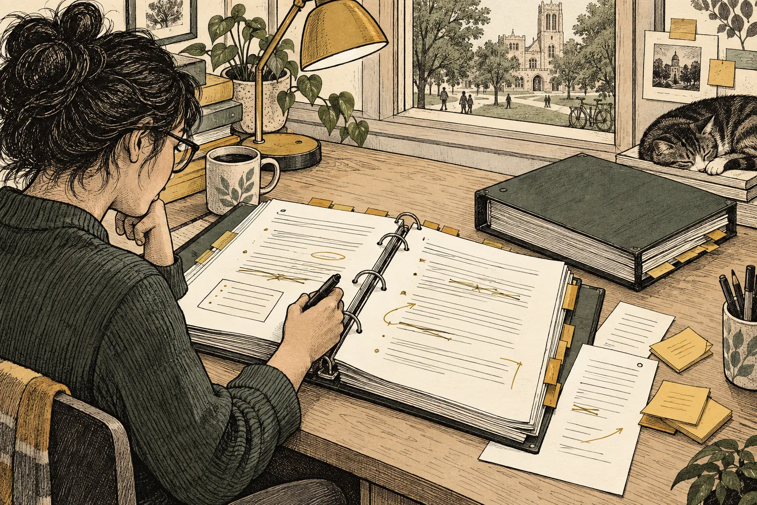 An open manual on an editor’s desk has correction marks and paper tabs. A hand is still revising it; a closed copy and replacement pages sit nearby.