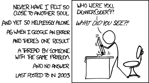 A person finds a 2003 forum thread about their exact error, with no answer. They shake their monitor and ask DenverCoder9 what happened.