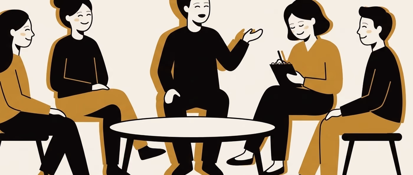 Five people seated around a round table, one gesturing mid-sentence and another writing in a notebook. Flat gold and black on cream
