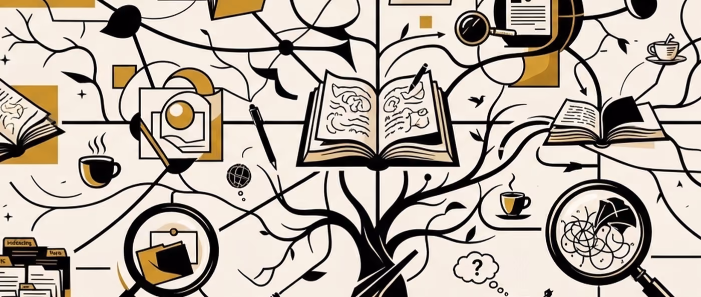 A tree whose branches are made of open books, folders, magnifying glasses and coffee cups. Flat gold and black on cream