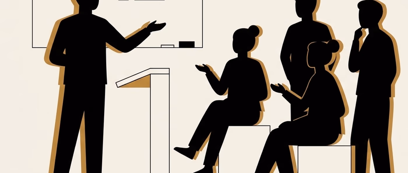 A speaker beside a whiteboard with three people in front of them, one seated and two standing. Flat gold and black on cream