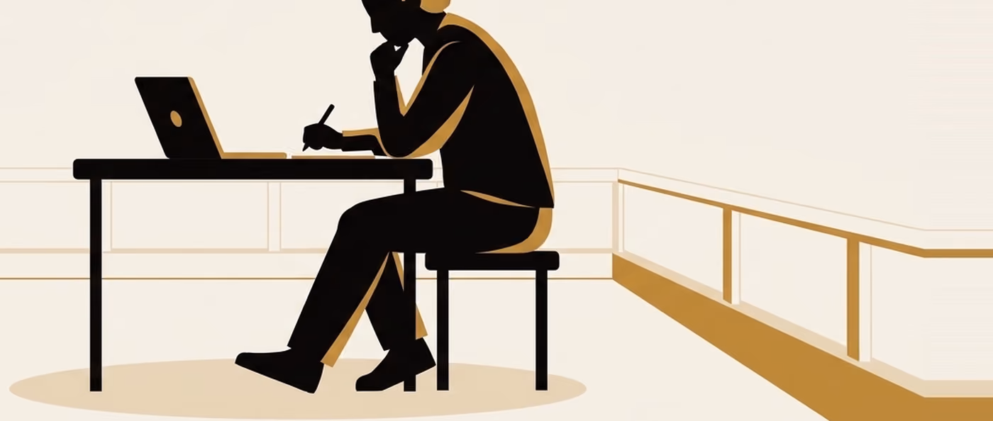 A person at a laptop writing by hand in a notebook, with a long empty railing running off to the right. Flat gold and black on cream