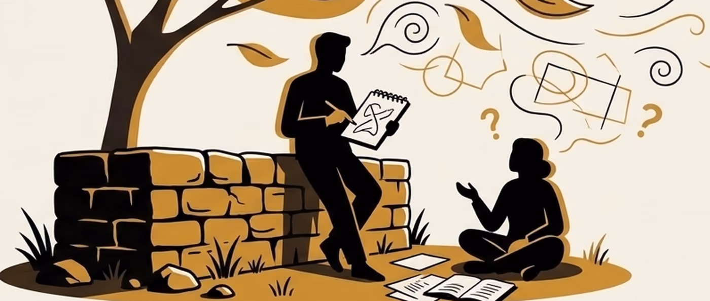 A person reading on a low stone wall and another sitting cross-legged on the ground, with curling lines and question marks drifting off to the right. Flat gold and black on cream