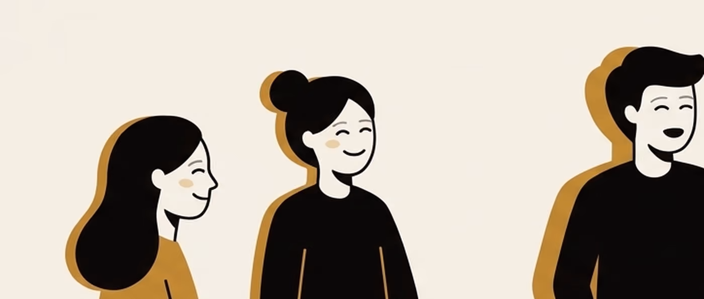 Three people close together in profile, one speaking and two listening. Flat gold and black on cream