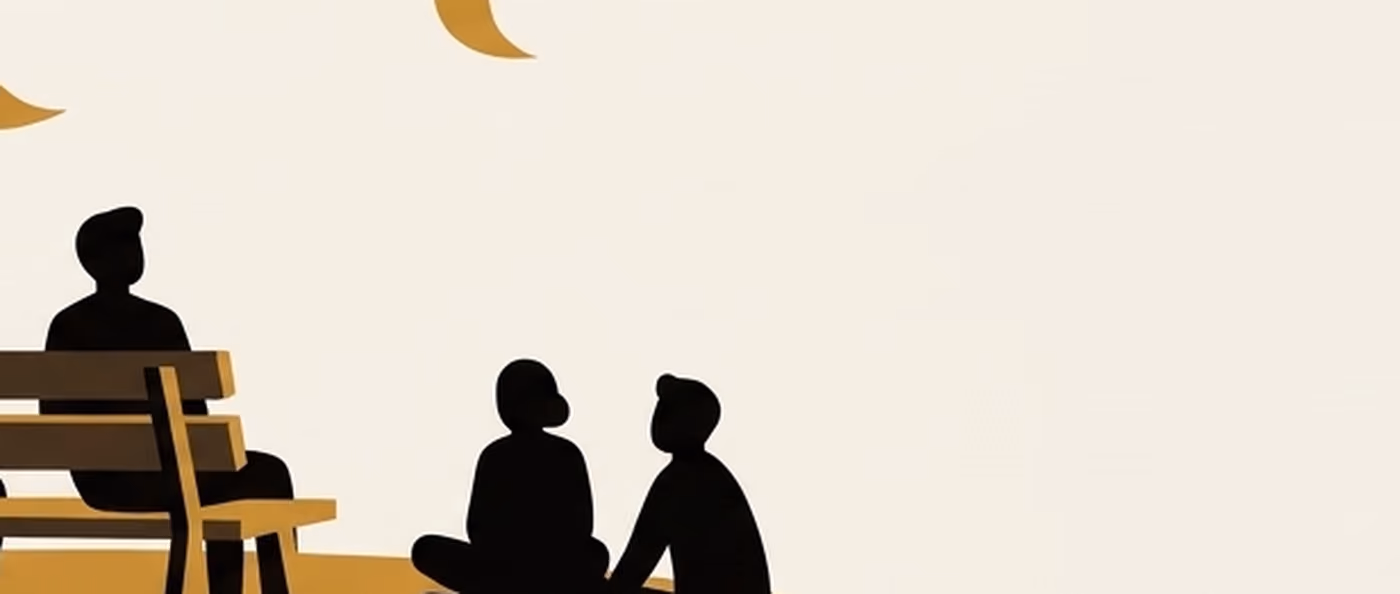 The end of a park bench and two people sitting on the ground facing away, under a tree. Flat gold and black on cream