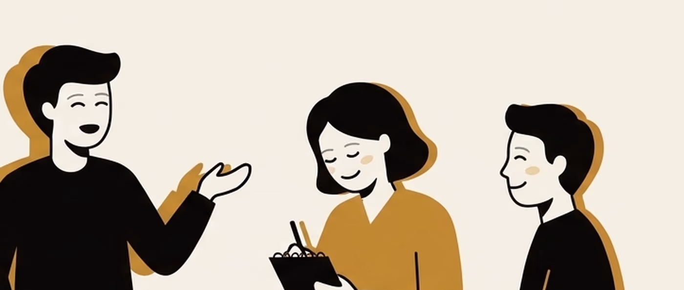 Three people mid-conversation, one talking with an open hand while another writes in a notebook. Flat gold and black on cream