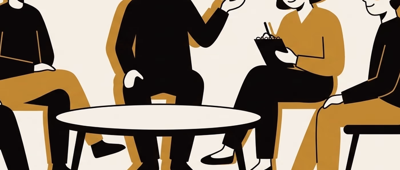 A round table with people seated around it, one holding a bowl, seen close and cropped at the shoulders. Flat gold and black on cream