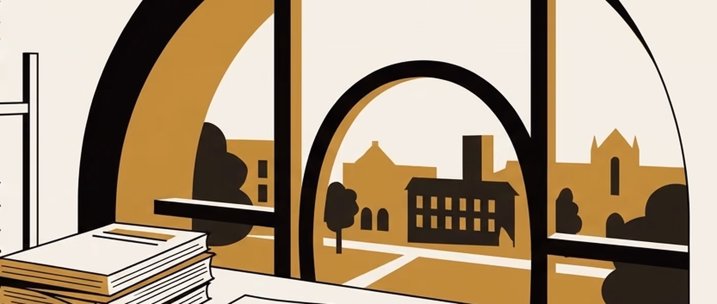 Stacked books and journals in front of a tall arched window looking out onto campus buildings. Flat gold and black on cream