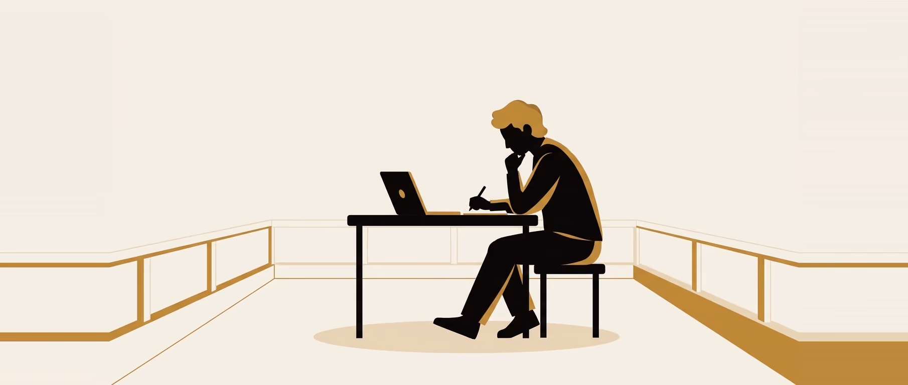 One person alone at a plain desk in a large, otherwise empty room, a laptop open in front of them and a pen in one hand, chin resting on the other, thinking rather than writing. A flat gold and black illustration on cream.