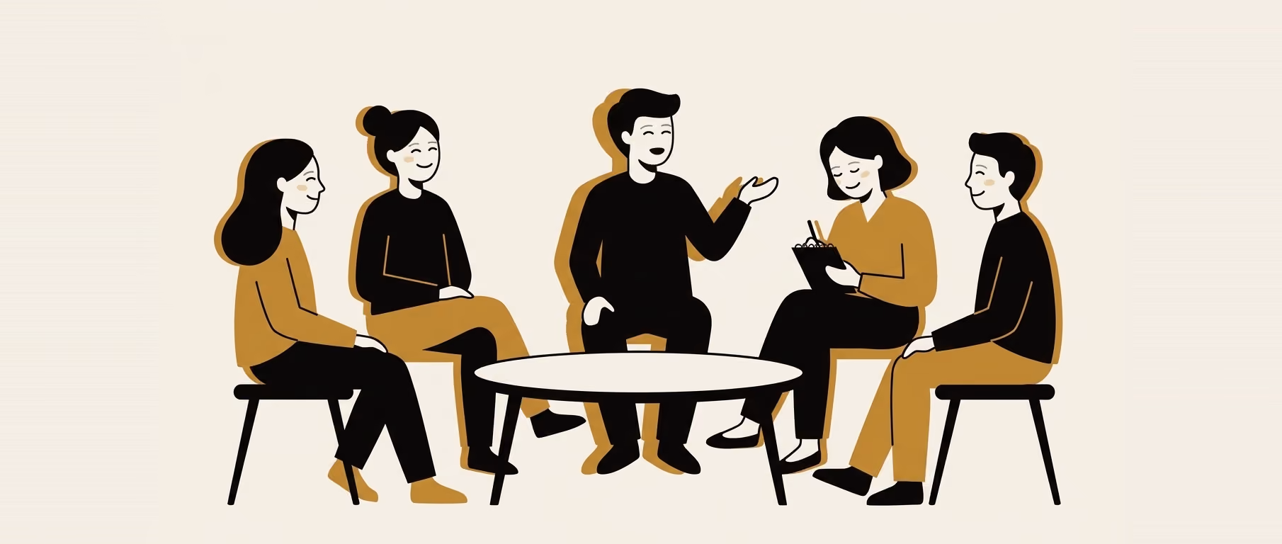 Five people sitting in a circle around a low round table, one mid-sentence with an open hand, another writing in a notebook, the rest listening and smiling. A flat gold and black illustration on cream.