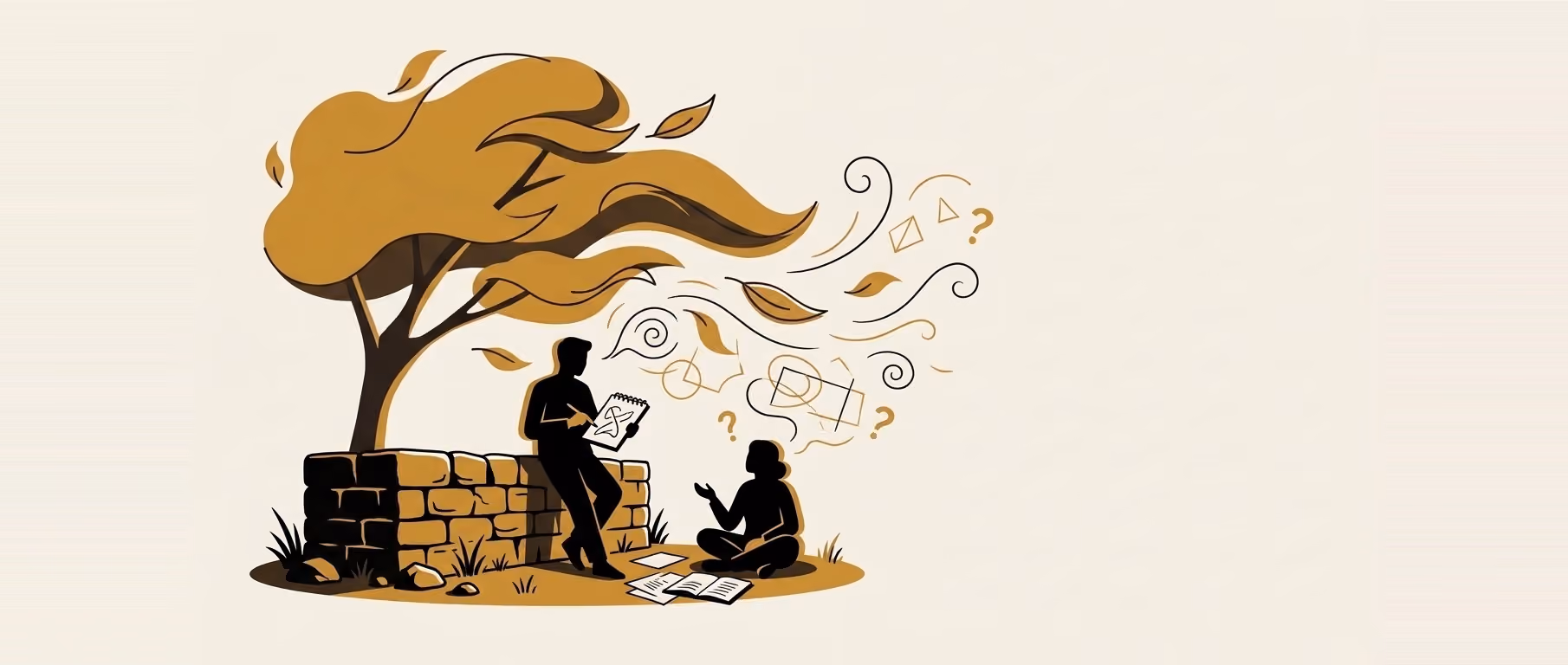 Two people under a windblown tree, one leaning on a low stone wall with a notebook and one sitting on the grass mid-sentence, with loops, question marks and scribbled shapes drifting off on the wind. Flat gold and black on cream.