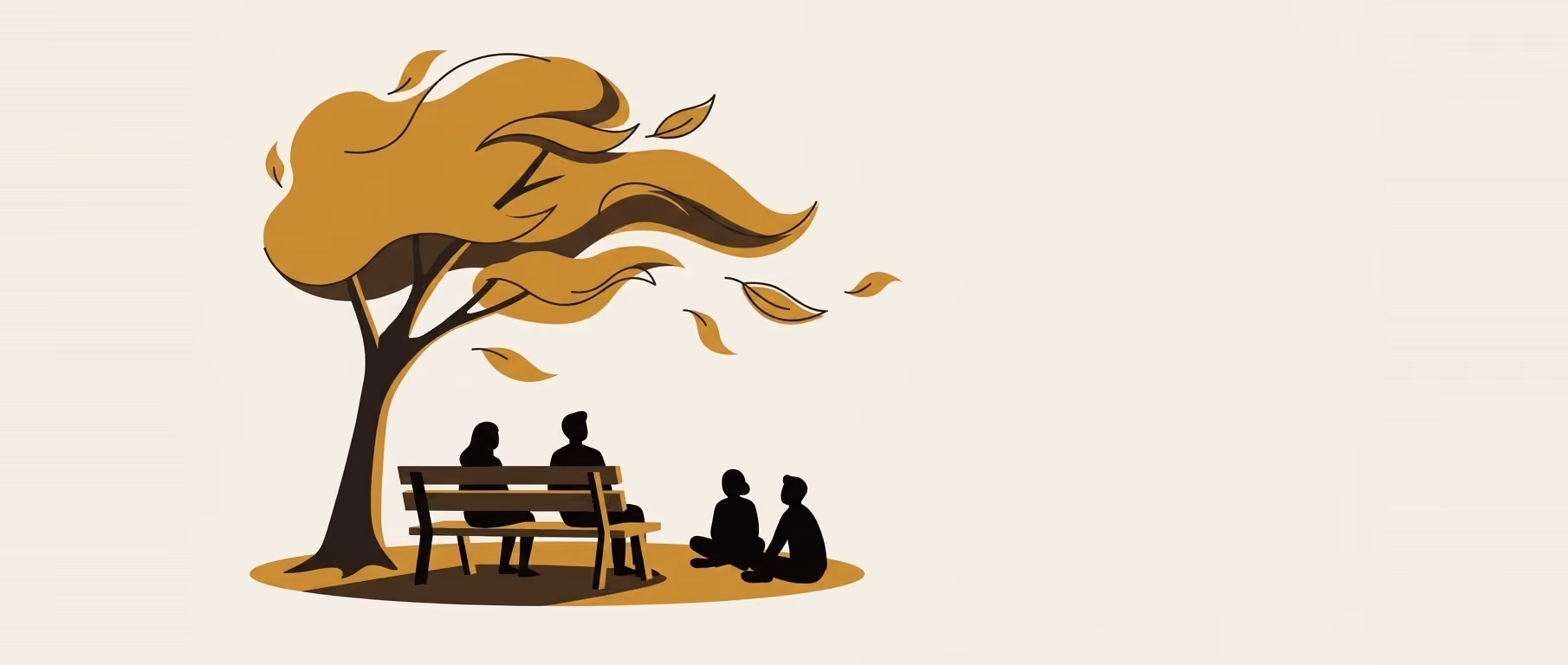 A broad tree with a windblown canopy, its gold leaves streaming away to the right. Two people sit on a bench in its shade and two more sit on the grass nearby. A flat gold and black illustration on cream.