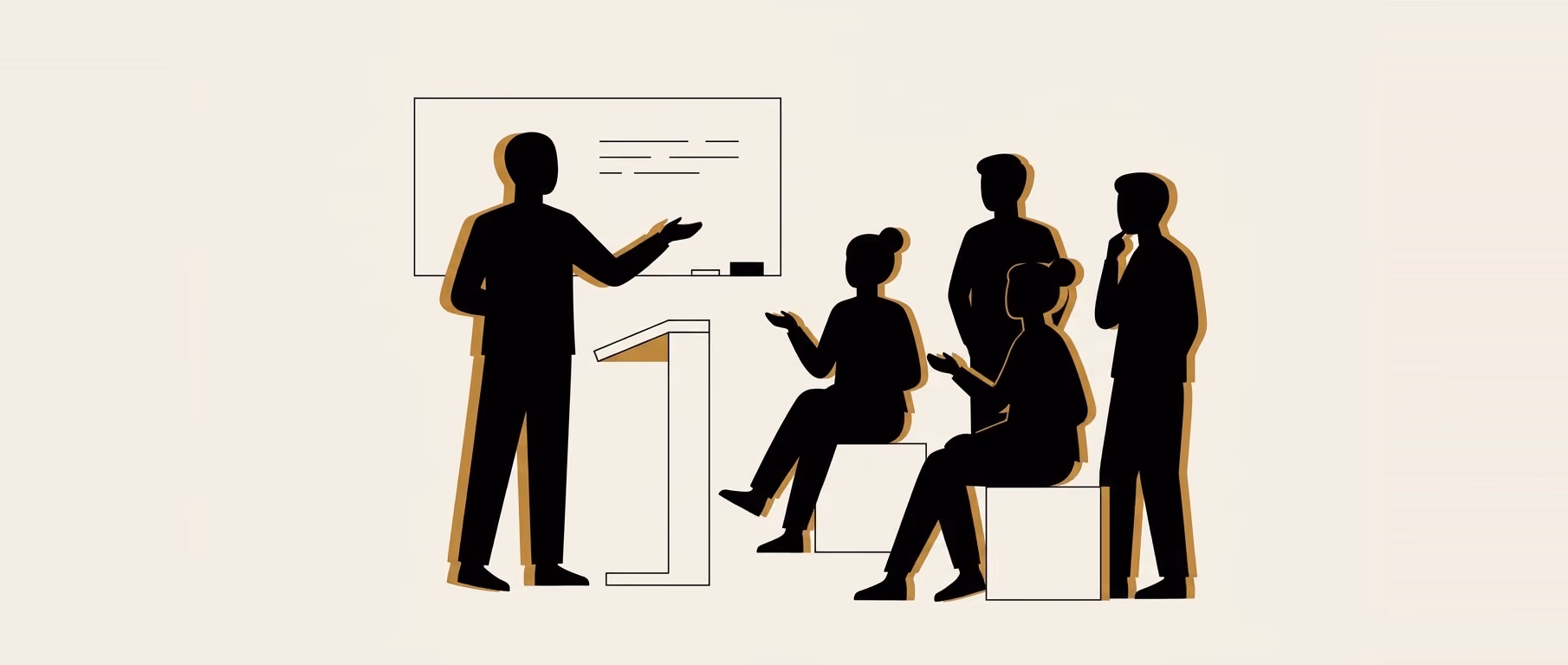 A person standing beside a lectern and a blank whiteboard with one hand open mid-explanation, addressing five others who sit and stand listening. Silhouettes in black with gold shadows on cream.