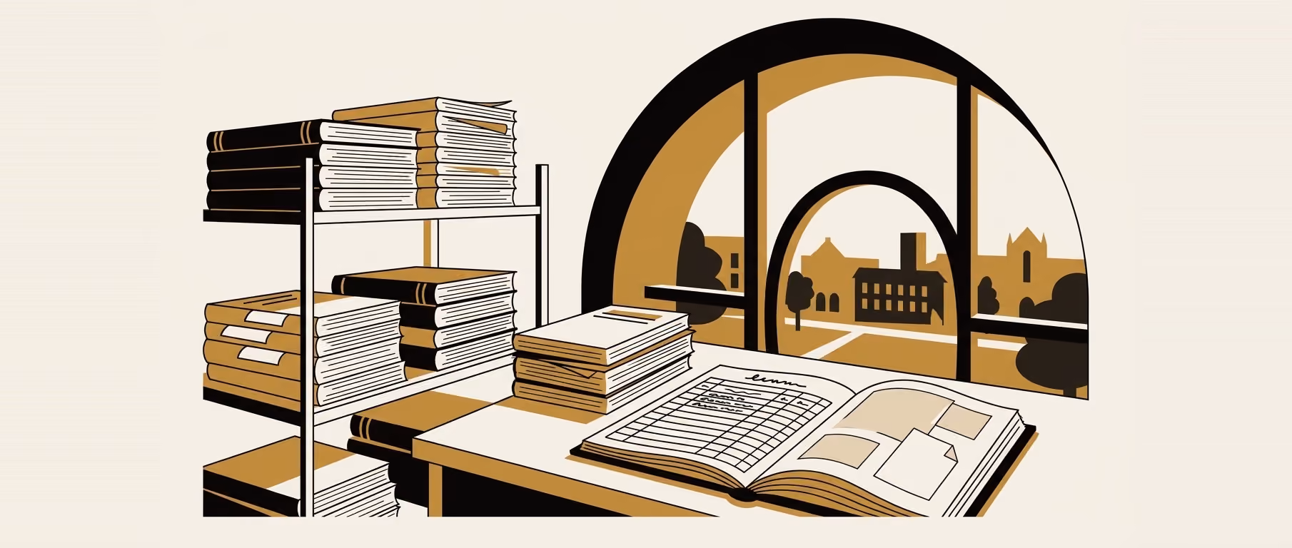 Shelves of stacked bound journals beside a table holding a large open ledger, with an arched window behind looking out over campus buildings and trees. A flat gold and black illustration on cream.