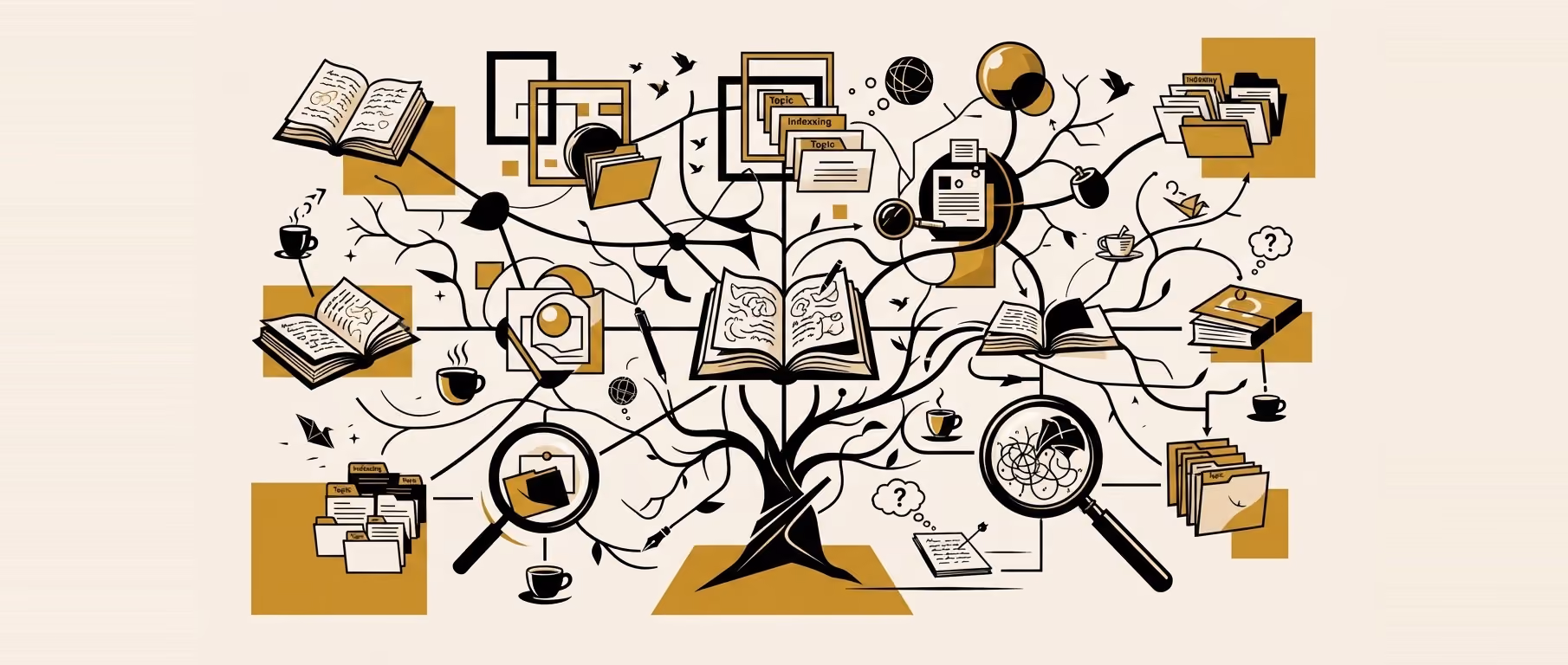 A tree whose branches are made of books, folders, magnifying glasses and coffee cups, spreading out from an open book at the trunk into labelled bundles at the edges. Flat gold and black on cream.