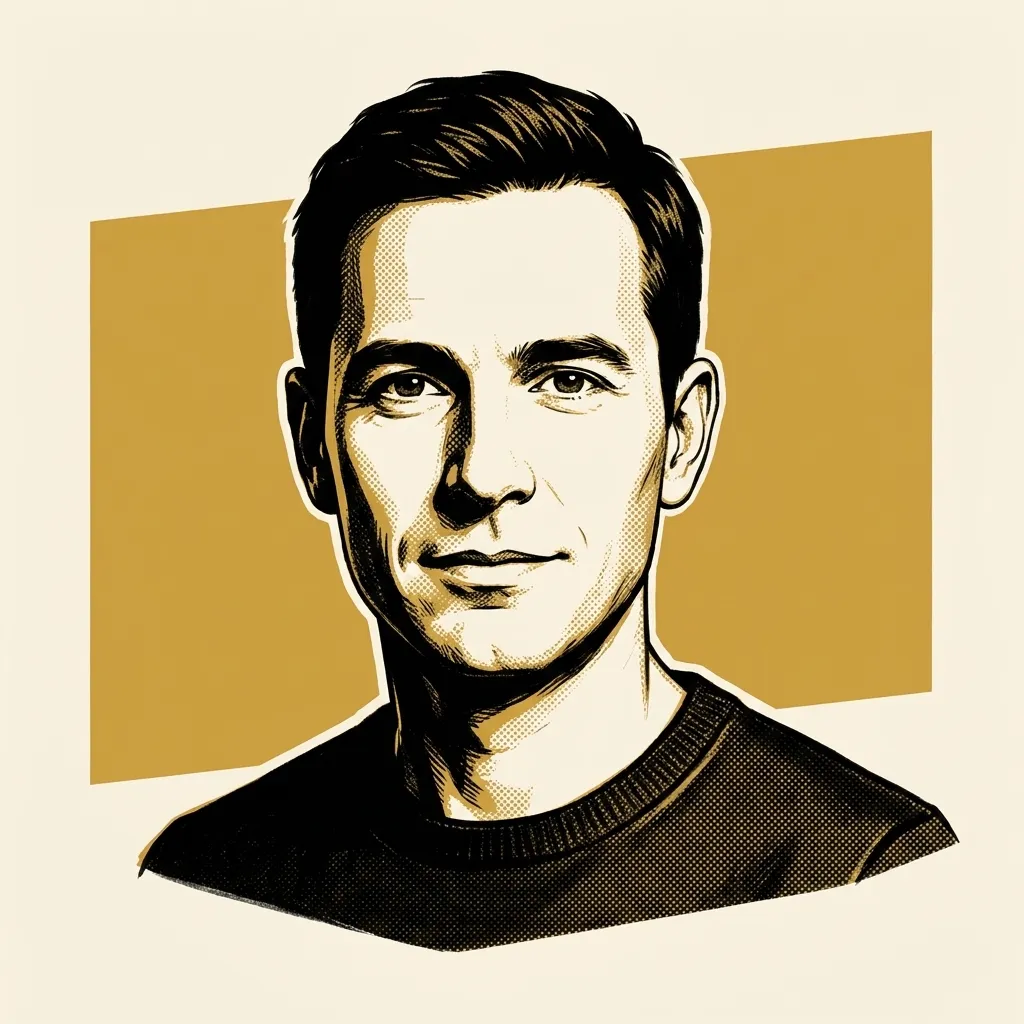 An inked portrait of a person in a dark crew-neck sweater, against a plain gold panel